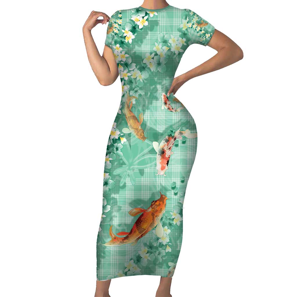 Green Palaka Hawaiian And Japanese Family Matching Short Sleeve Bodycon Dress and Hawaiian Shirt Sakura Lei With Koi Fish - Polynesian Pride