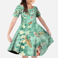 Green Palaka Hawaiian And Japanese Family Matching Summer Maxi Dress and Hawaiian Shirt Sakura Lei With Koi Fish - Polynesian Pride