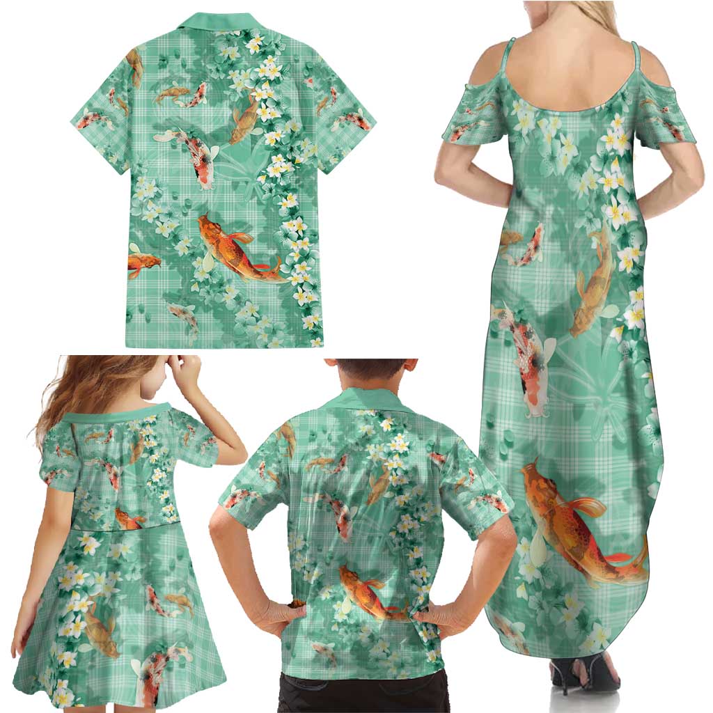 Green Palaka Hawaiian And Japanese Family Matching Summer Maxi Dress and Hawaiian Shirt Sakura Lei With Koi Fish - Polynesian Pride