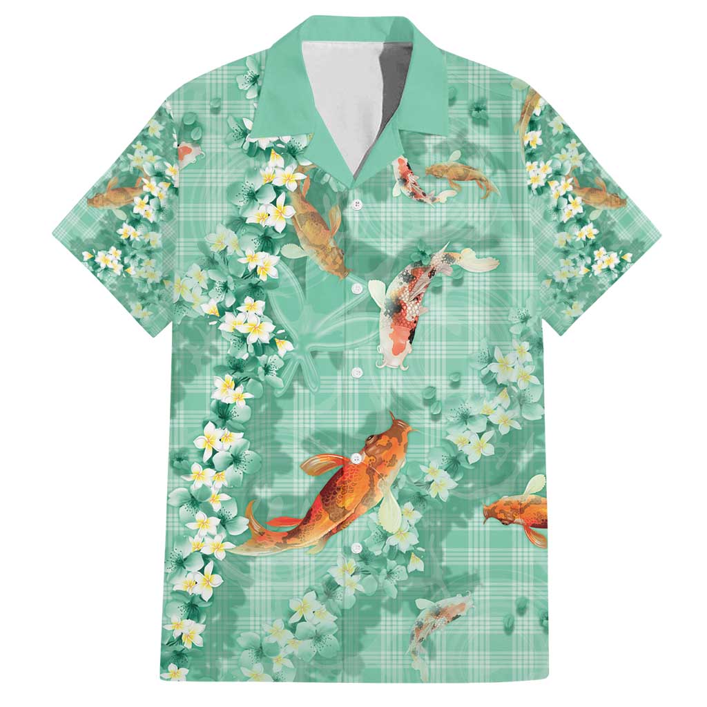 Green Palaka Hawaiian And Japanese Family Matching Summer Maxi Dress and Hawaiian Shirt Sakura Lei With Koi Fish - Polynesian Pride