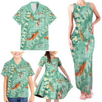 Green Palaka Hawaiian And Japanese Family Matching Tank Maxi Dress and Hawaiian Shirt Sakura Lei With Koi Fish - Polynesian Pride