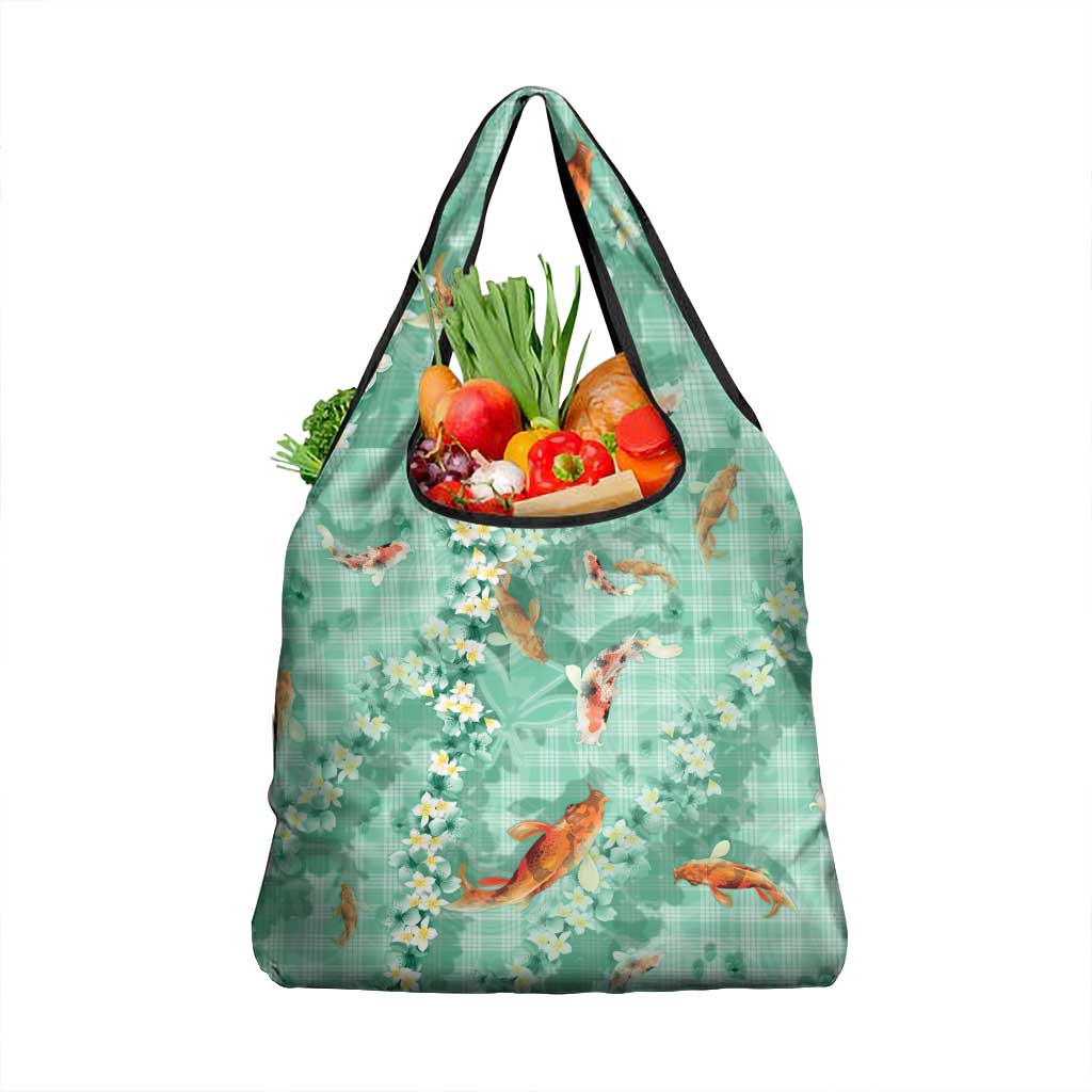 Green Palaka Hawaiian And Japanese Grocery Bag Sakura Lei With Koi Fish - Polynesian Pride