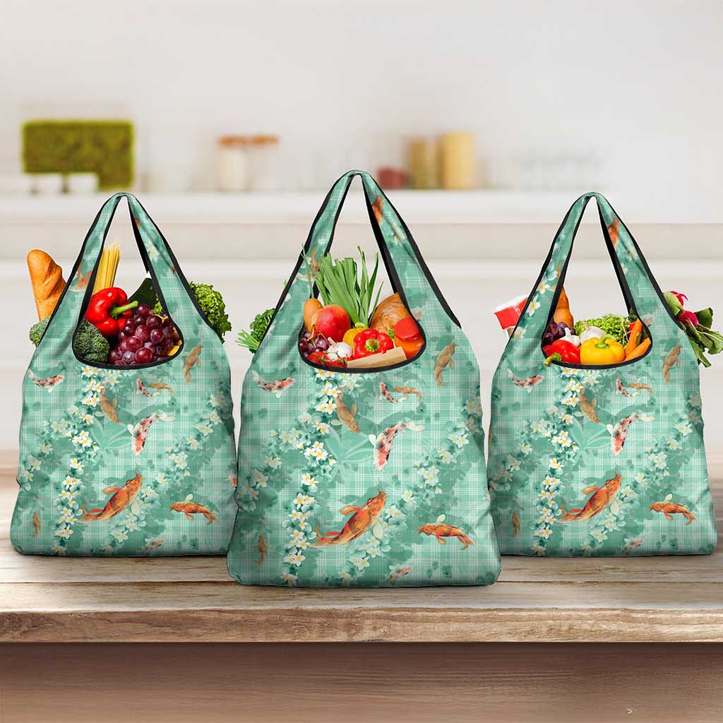 Green Palaka Hawaiian And Japanese Grocery Bag Sakura Lei With Koi Fish - Polynesian Pride