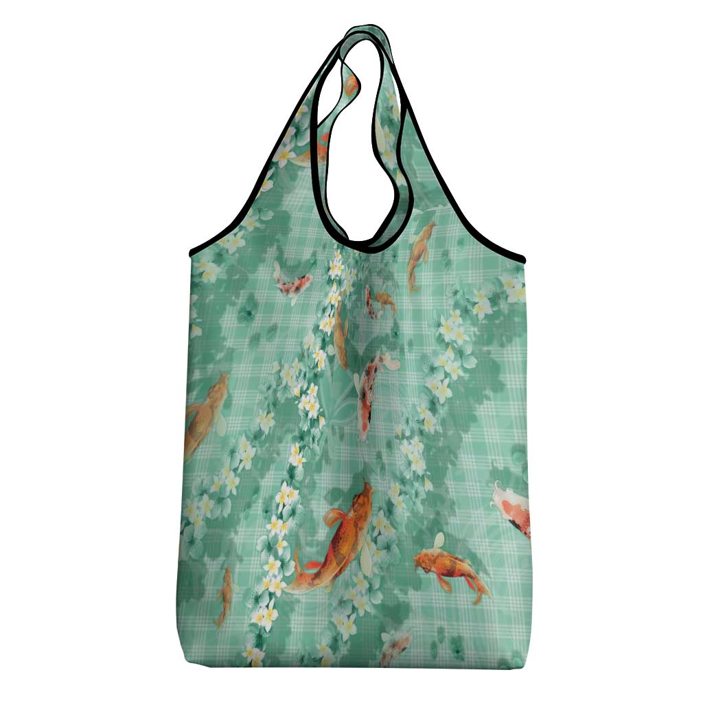 Green Palaka Hawaiian And Japanese Grocery Bag Sakura Lei With Koi Fish - Polynesian Pride