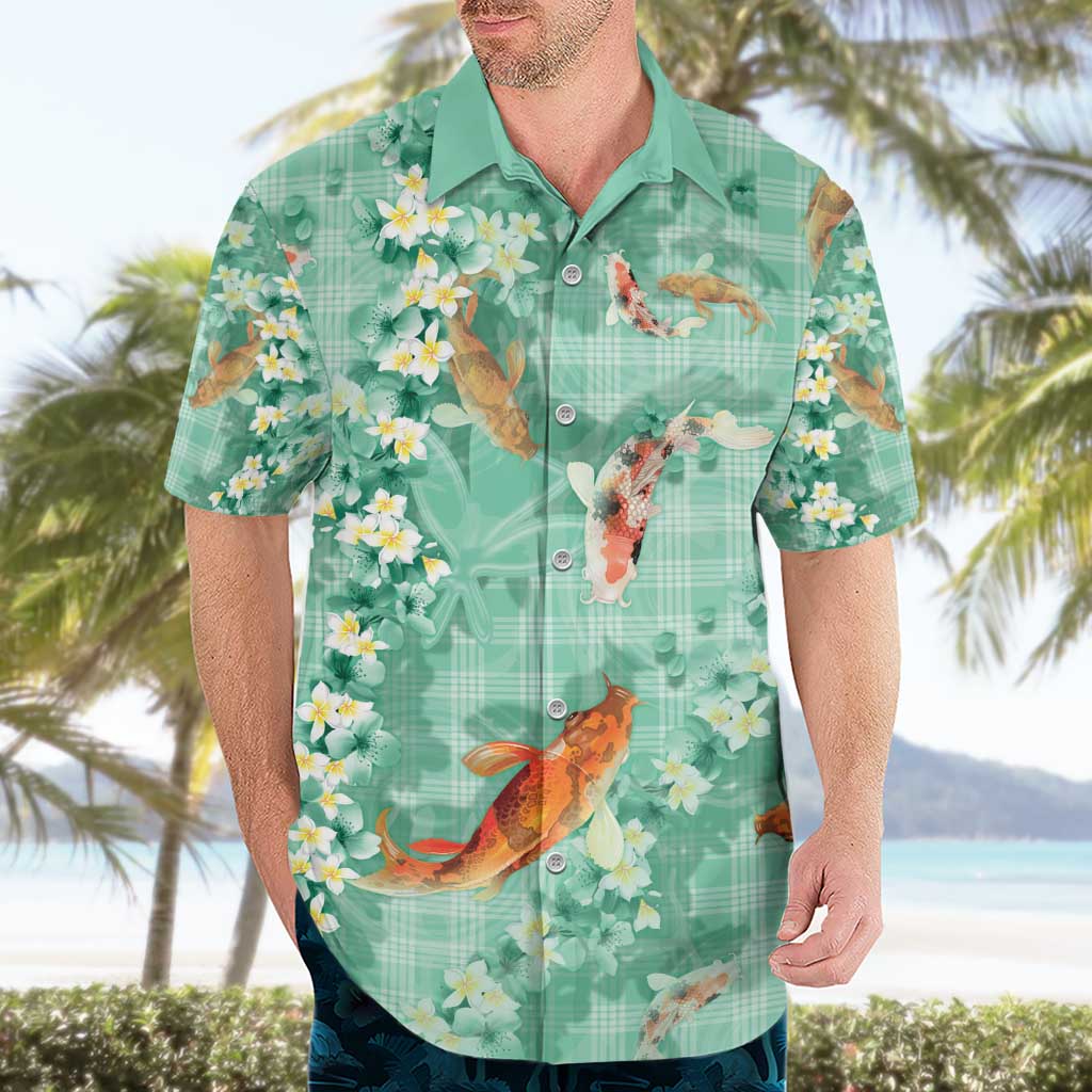 Green Palaka Hawaiian And Japanese Hawaiian Shirt Sakura Lei With Koi Fish - Polynesian Pride
