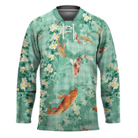 Green Palaka Hawaiian And Japanese Hockey Jersey Sakura Lei With Koi Fish - Polynesian Pride