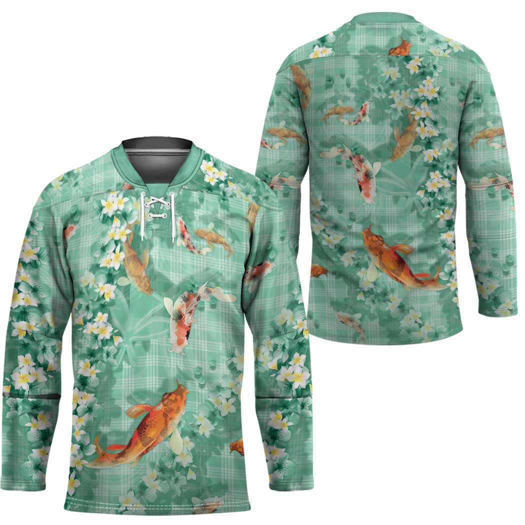 Green Palaka Hawaiian And Japanese Hockey Jersey Sakura Lei With Koi Fish - Polynesian Pride