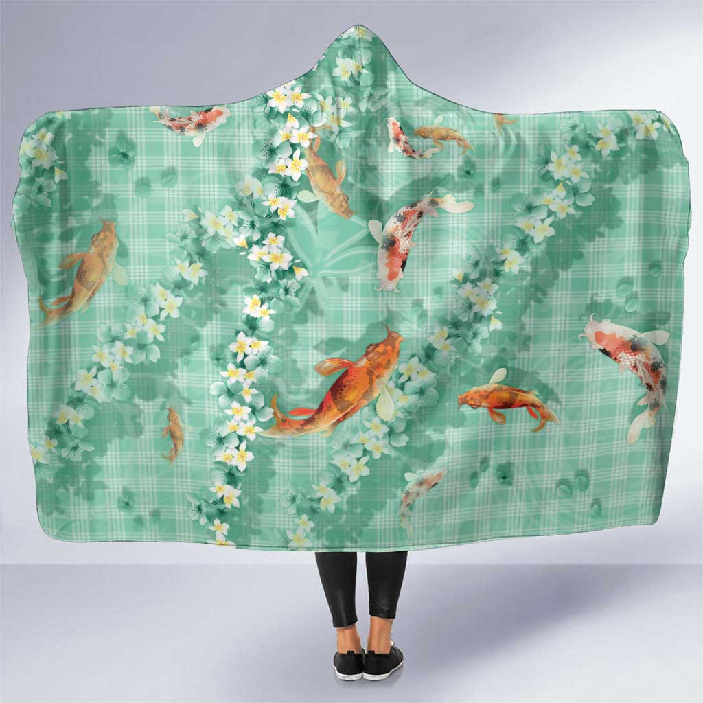 Green Palaka Hawaiian And Japanese Hooded Blanket Sakura Lei With Koi Fish - Polynesian Pride