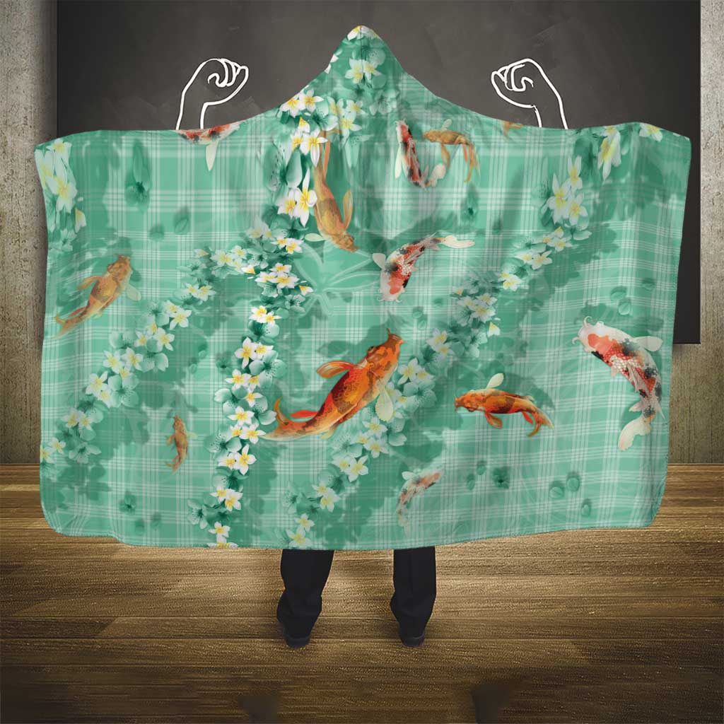 Green Palaka Hawaiian And Japanese Hooded Blanket Sakura Lei With Koi Fish - Polynesian Pride