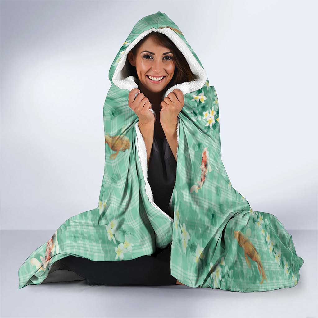 Green Palaka Hawaiian And Japanese Hooded Blanket Sakura Lei With Koi Fish - Polynesian Pride
