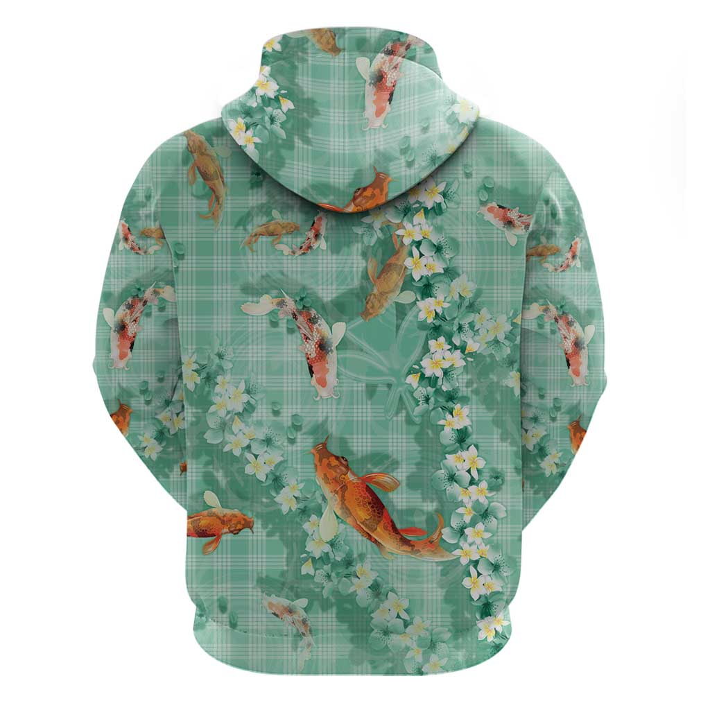 Green Palaka Hawaiian And Japanese Hoodie Sakura Lei With Koi Fish - Polynesian Pride