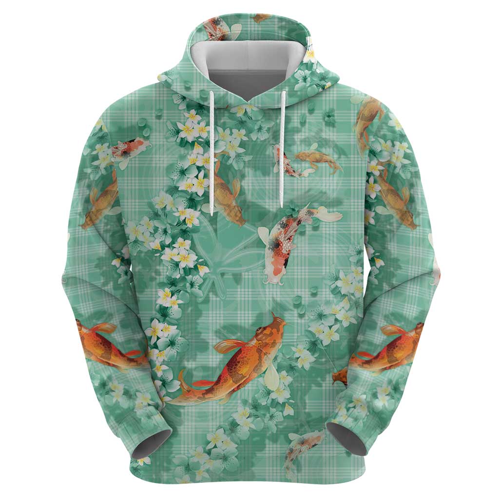 Green Palaka Hawaiian And Japanese Hoodie Sakura Lei With Koi Fish - Polynesian Pride