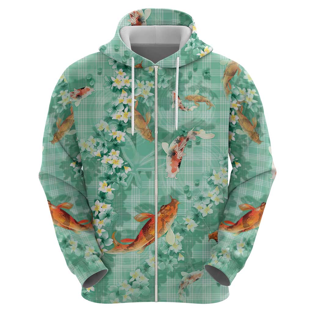 Green Palaka Hawaiian And Japanese Hoodie Sakura Lei With Koi Fish - Polynesian Pride
