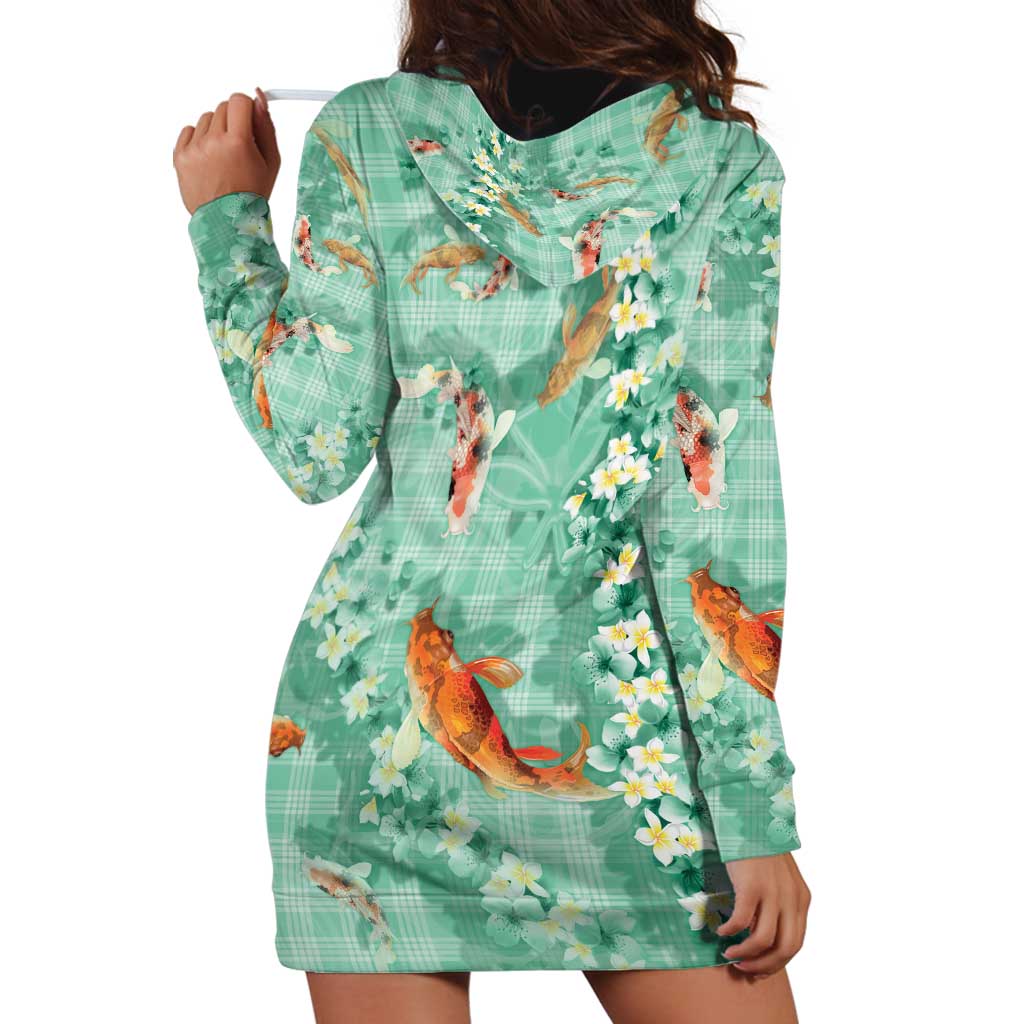 Green Palaka Hawaiian And Japanese Hoodie Dress Sakura Lei With Koi Fish - Polynesian Pride