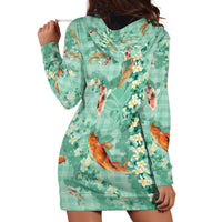 Green Palaka Hawaiian And Japanese Hoodie Dress Sakura Lei With Koi Fish - Polynesian Pride