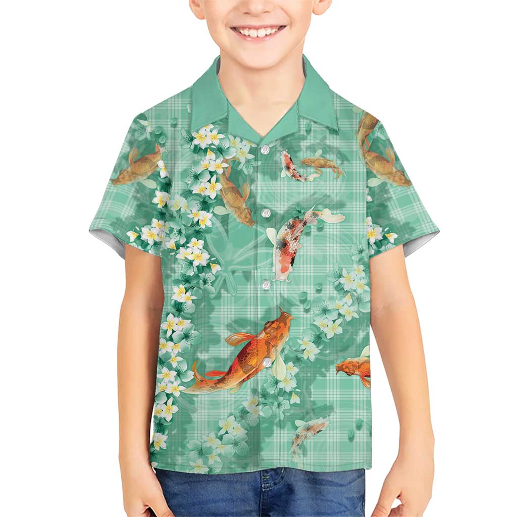 Green Palaka Hawaiian And Japanese Kid Hawaiian Shirt Sakura Lei With Koi Fish - Polynesian Pride