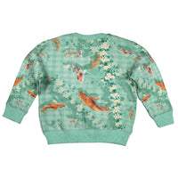 Green Palaka Hawaiian And Japanese Kid Ugly Christmas Sweater Sakura Lei With Koi Fish - Polynesian Pride