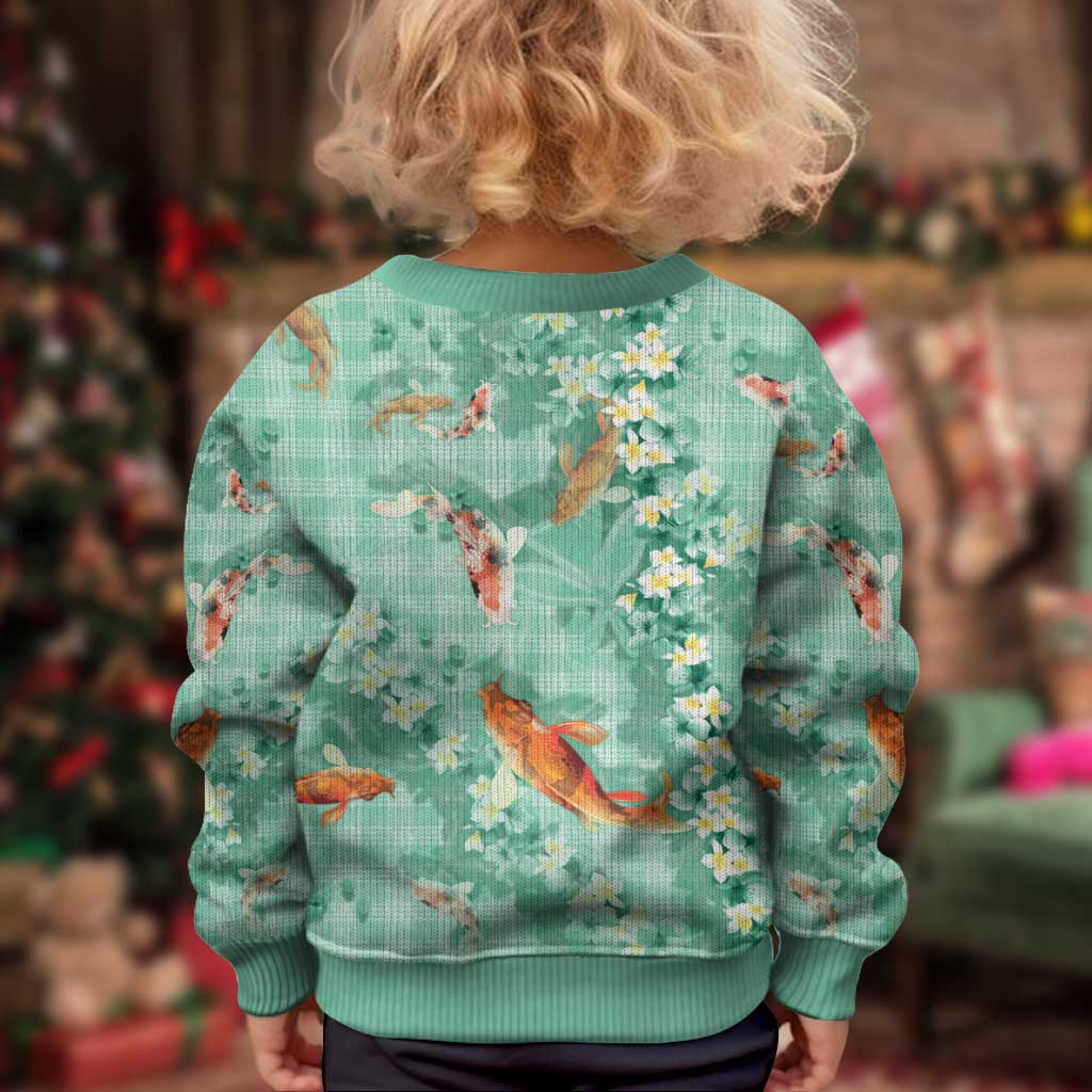 Green Palaka Hawaiian And Japanese Kid Ugly Christmas Sweater Sakura Lei With Koi Fish - Polynesian Pride