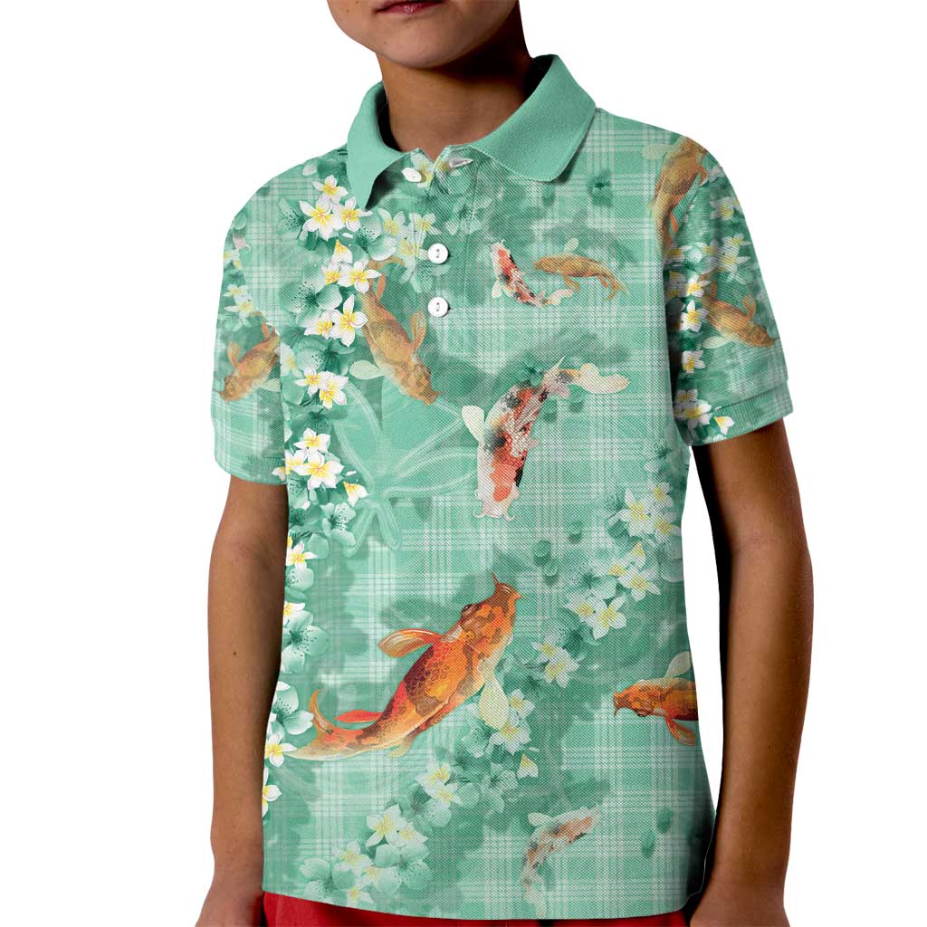Green Palaka Hawaiian And Japanese Kid Polo Shirt Sakura Lei With Koi Fish - Polynesian Pride