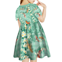 Green Palaka Hawaiian And Japanese Kid Short Sleeve Dress Sakura Lei With Koi Fish - Polynesian Pride