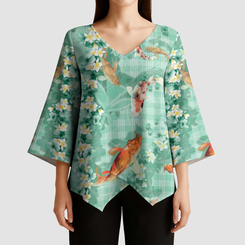 Green Palaka Hawaiian And Japanese Kimono Sleeve Blouse Sakura Lei With Koi Fish - Polynesian Pride