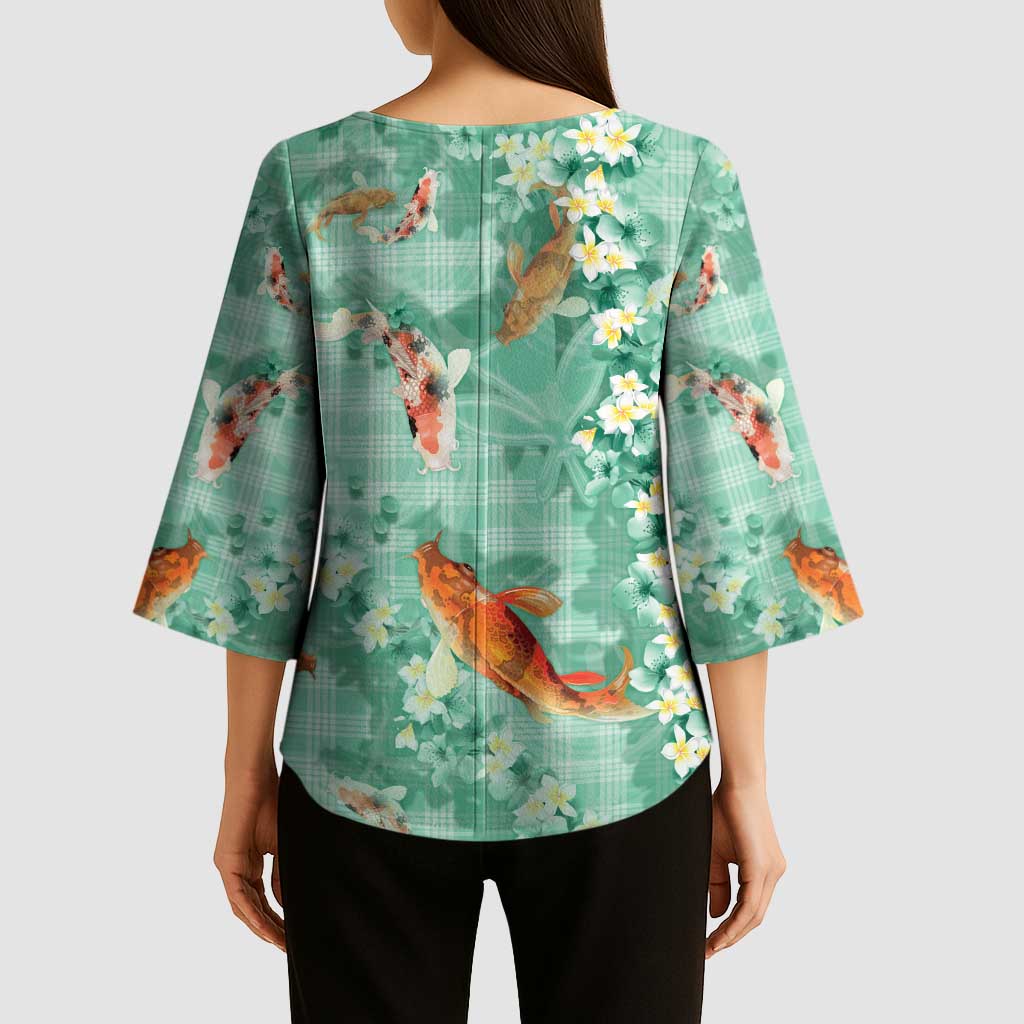 Green Palaka Hawaiian And Japanese Kimono Sleeve Blouse Sakura Lei With Koi Fish - Polynesian Pride