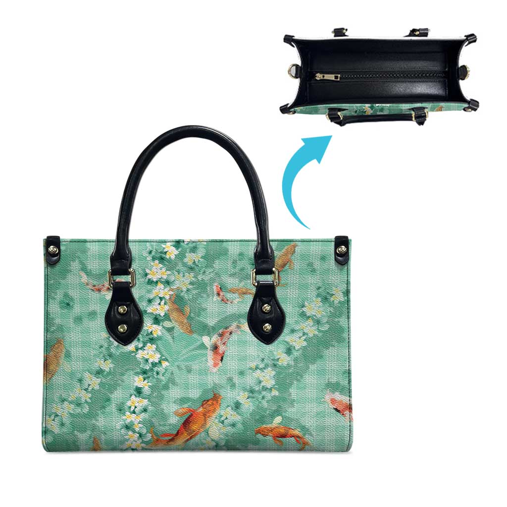 Green Palaka Hawaiian And Japanese Leather Bag Sakura Lei With Koi Fish - Polynesian Pride