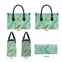 Green Palaka Hawaiian And Japanese Leather Bag Sakura Lei With Koi Fish - Polynesian Pride