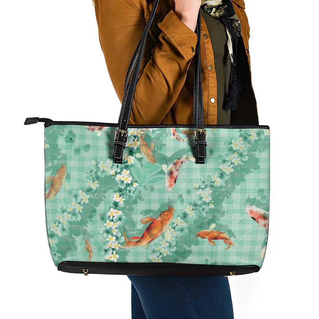 Green Palaka Hawaiian And Japanese Leather Tote Bag Sakura Lei With Koi Fish - Polynesian Pride