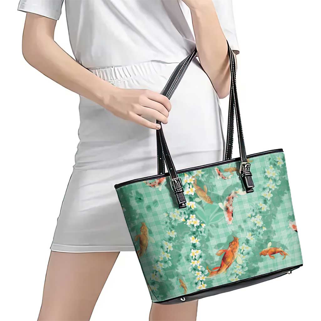 Green Palaka Hawaiian And Japanese Leather Tote Bag Sakura Lei With Koi Fish - Polynesian Pride
