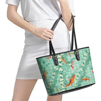 Green Palaka Hawaiian And Japanese Leather Tote Bag Sakura Lei With Koi Fish - Polynesian Pride