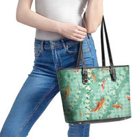 Green Palaka Hawaiian And Japanese Leather Tote Bag Sakura Lei With Koi Fish - Polynesian Pride