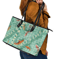 Green Palaka Hawaiian And Japanese Leather Tote Bag Sakura Lei With Koi Fish - Polynesian Pride