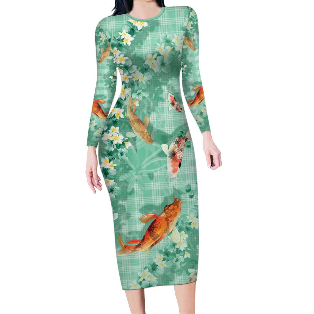 Green Palaka Hawaiian And Japanese Long Sleeve Bodycon Dress Sakura Lei With Koi Fish - Polynesian Pride