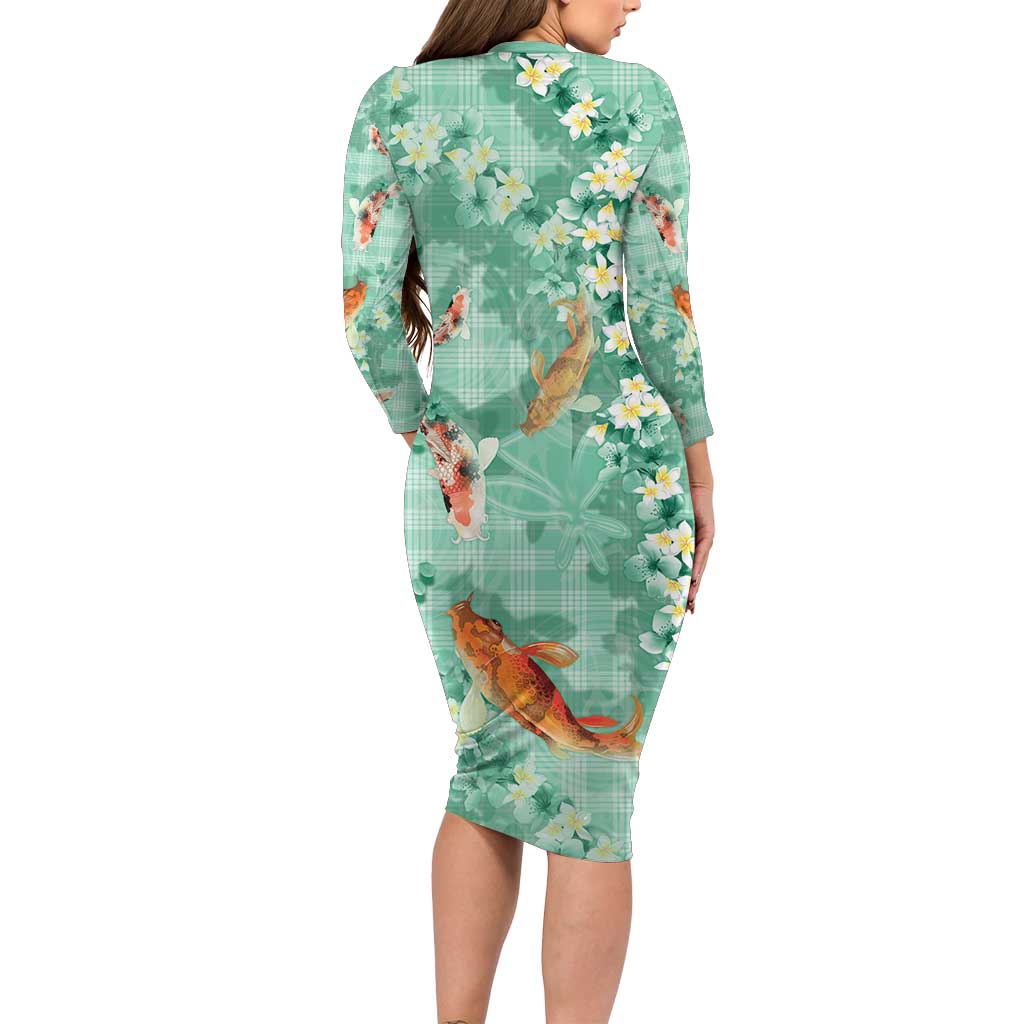 Green Palaka Hawaiian And Japanese Long Sleeve Bodycon Dress Sakura Lei With Koi Fish - Polynesian Pride