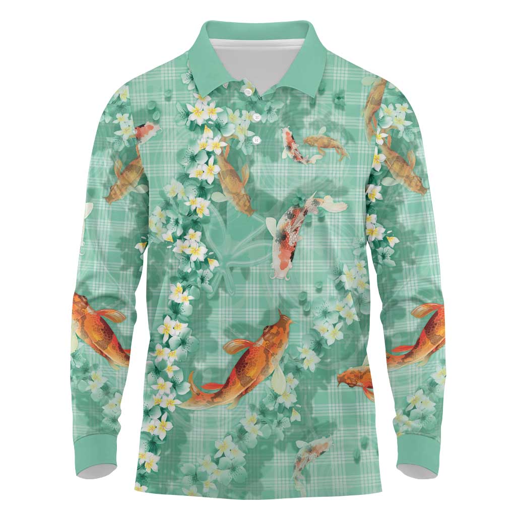 Green Palaka Hawaiian And Japanese Long Sleeve Polo Shirt Sakura Lei With Koi Fish - Polynesian Pride