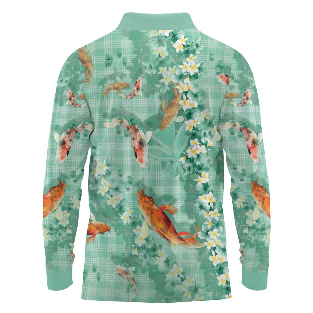 Green Palaka Hawaiian And Japanese Long Sleeve Polo Shirt Sakura Lei With Koi Fish - Polynesian Pride