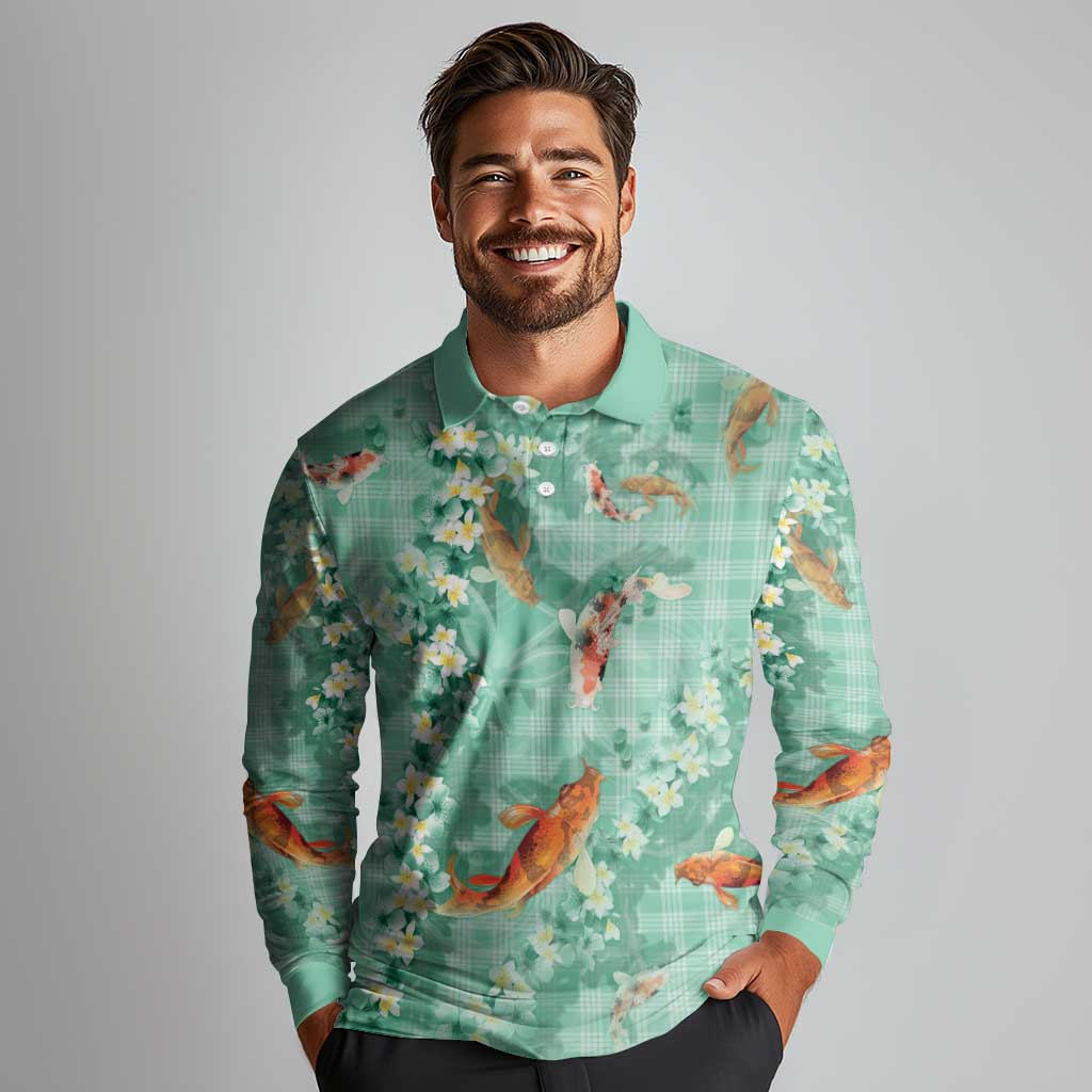 Green Palaka Hawaiian And Japanese Long Sleeve Polo Shirt Sakura Lei With Koi Fish - Polynesian Pride