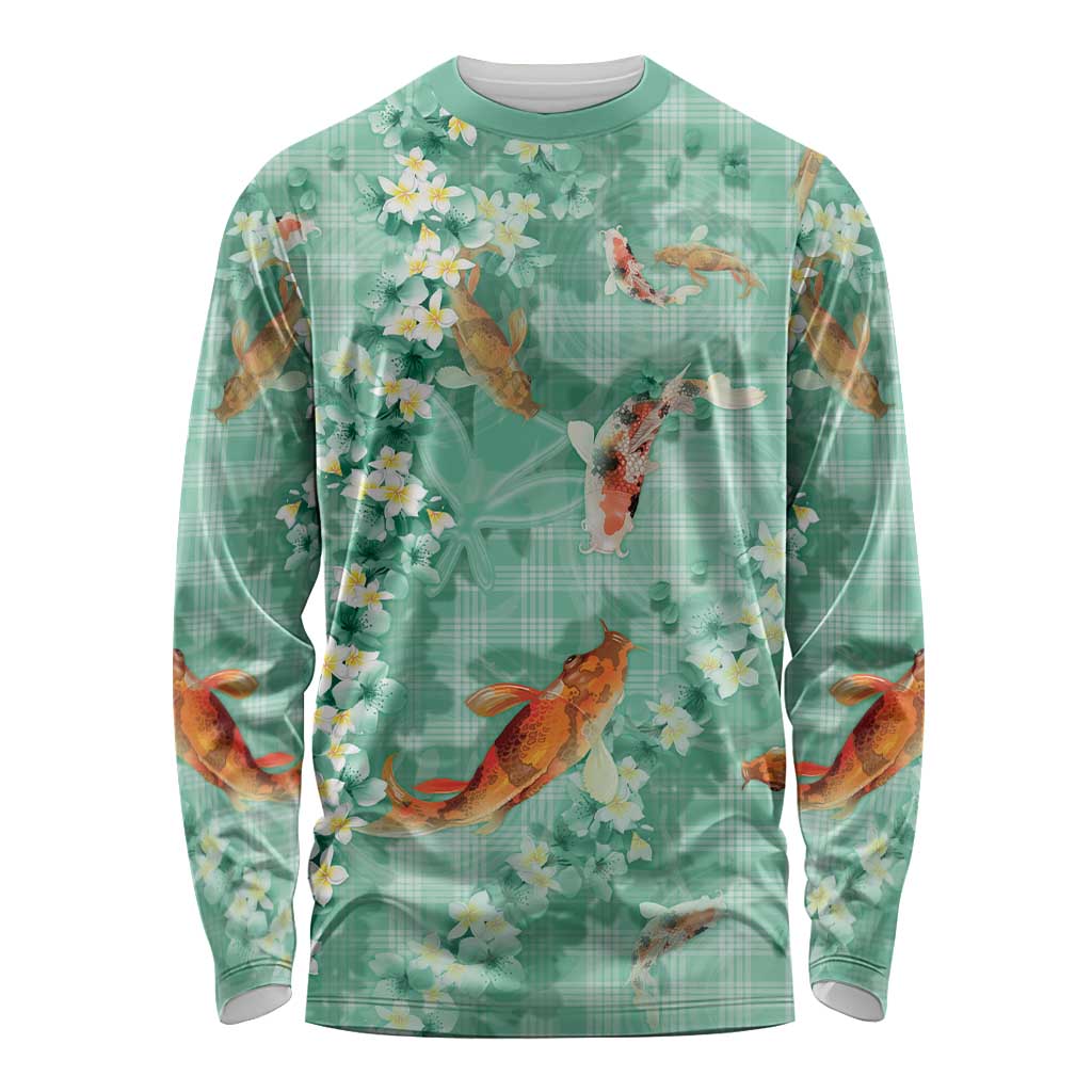 Green Palaka Hawaiian And Japanese Long Sleeve Shirt Sakura Lei With Koi Fish - Polynesian Pride