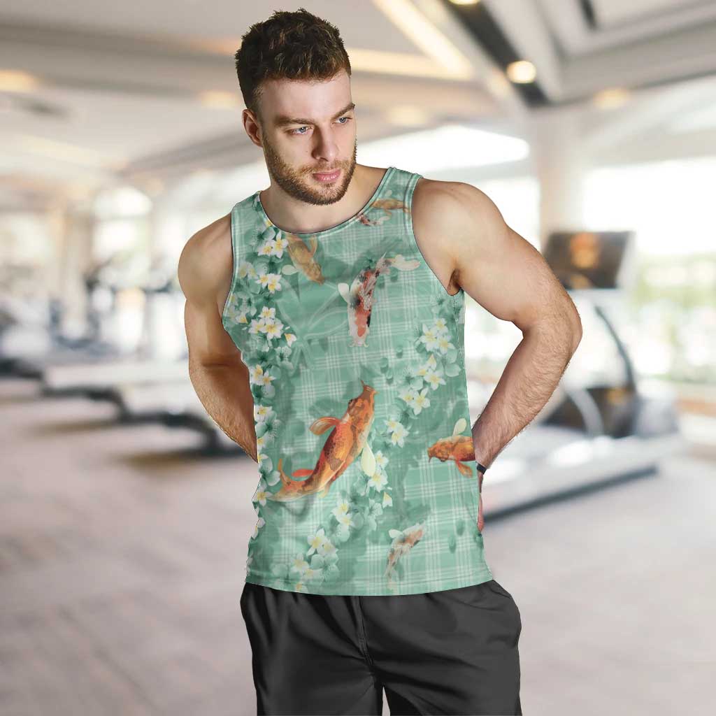 Green Palaka Hawaiian And Japanese Men Tank Top Sakura Lei With Koi Fish - Polynesian Pride