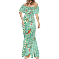 Green Palaka Hawaiian And Japanese Mermaid Dress Sakura Lei With Koi Fish - Polynesian Pride