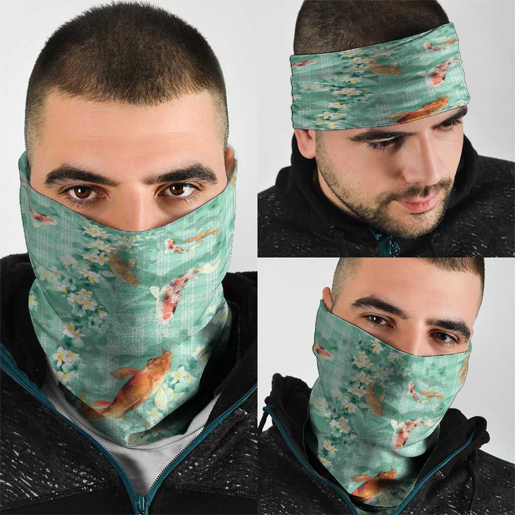 Green Palaka Hawaiian And Japanese Neck Gaiter Sakura Lei With Koi Fish - Polynesian Pride
