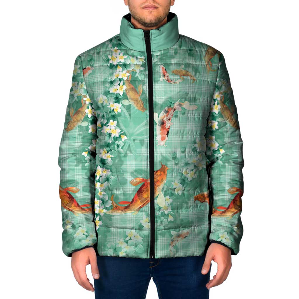 Green Palaka Hawaiian And Japanese Padded Jacket Sakura Lei With Koi Fish - Polynesian Pride