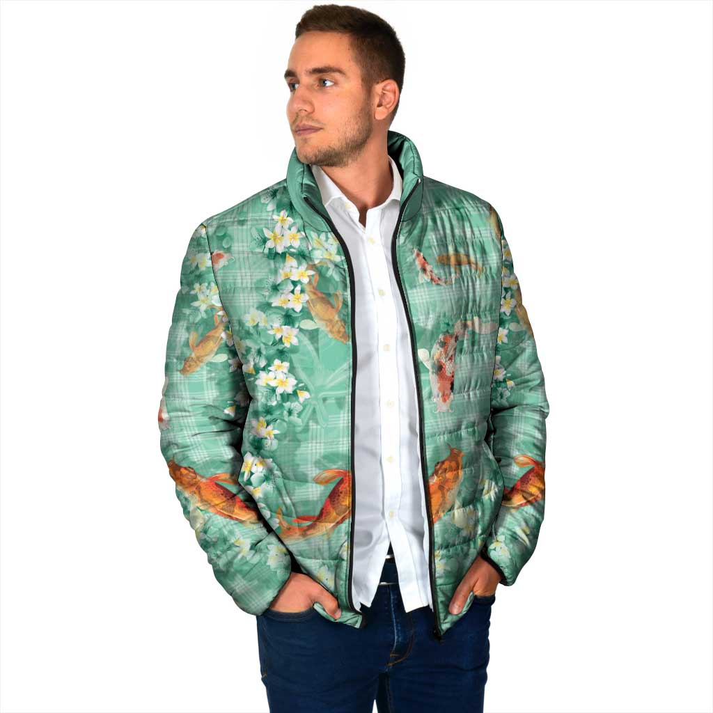 Green Palaka Hawaiian And Japanese Padded Jacket Sakura Lei With Koi Fish - Polynesian Pride