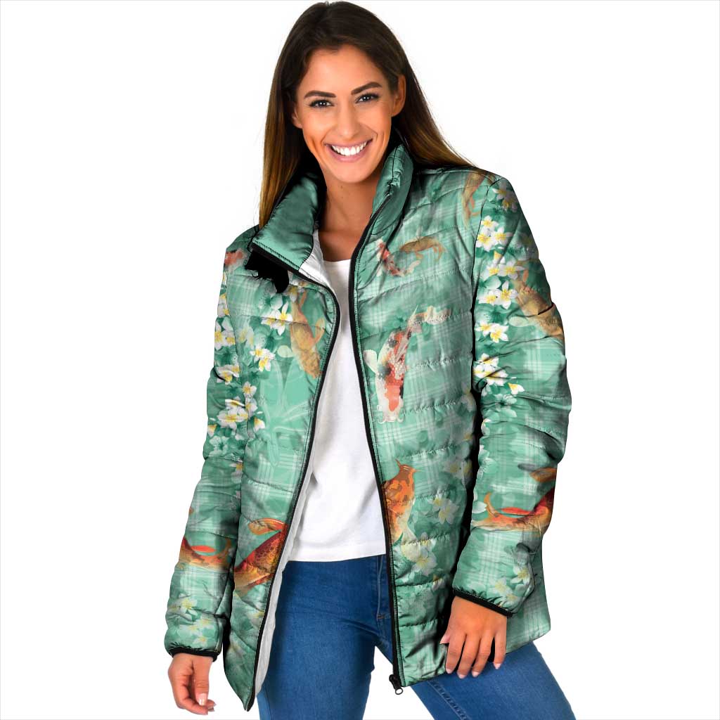 Green Palaka Hawaiian And Japanese Padded Jacket Sakura Lei With Koi Fish - Polynesian Pride