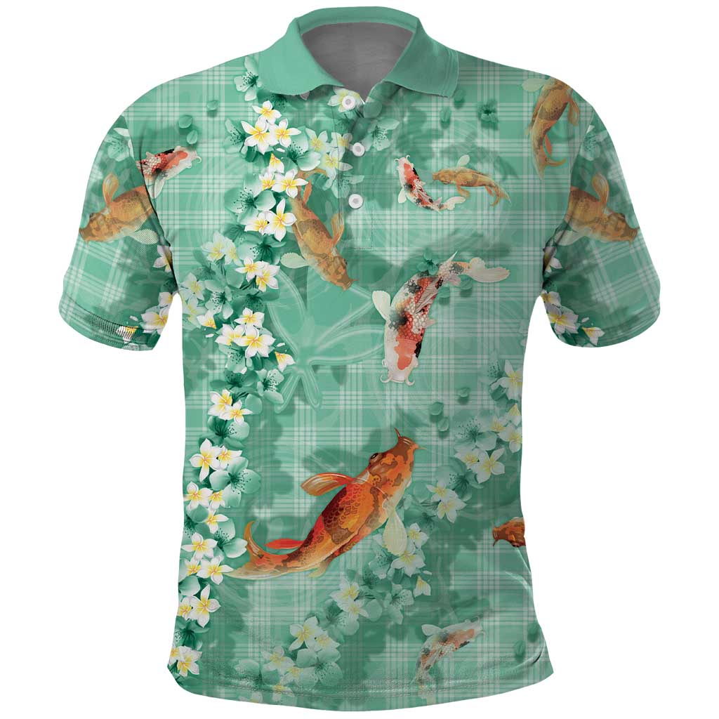 Green Palaka Hawaiian And Japanese Polo Shirt Sakura Lei With Koi Fish - Polynesian Pride