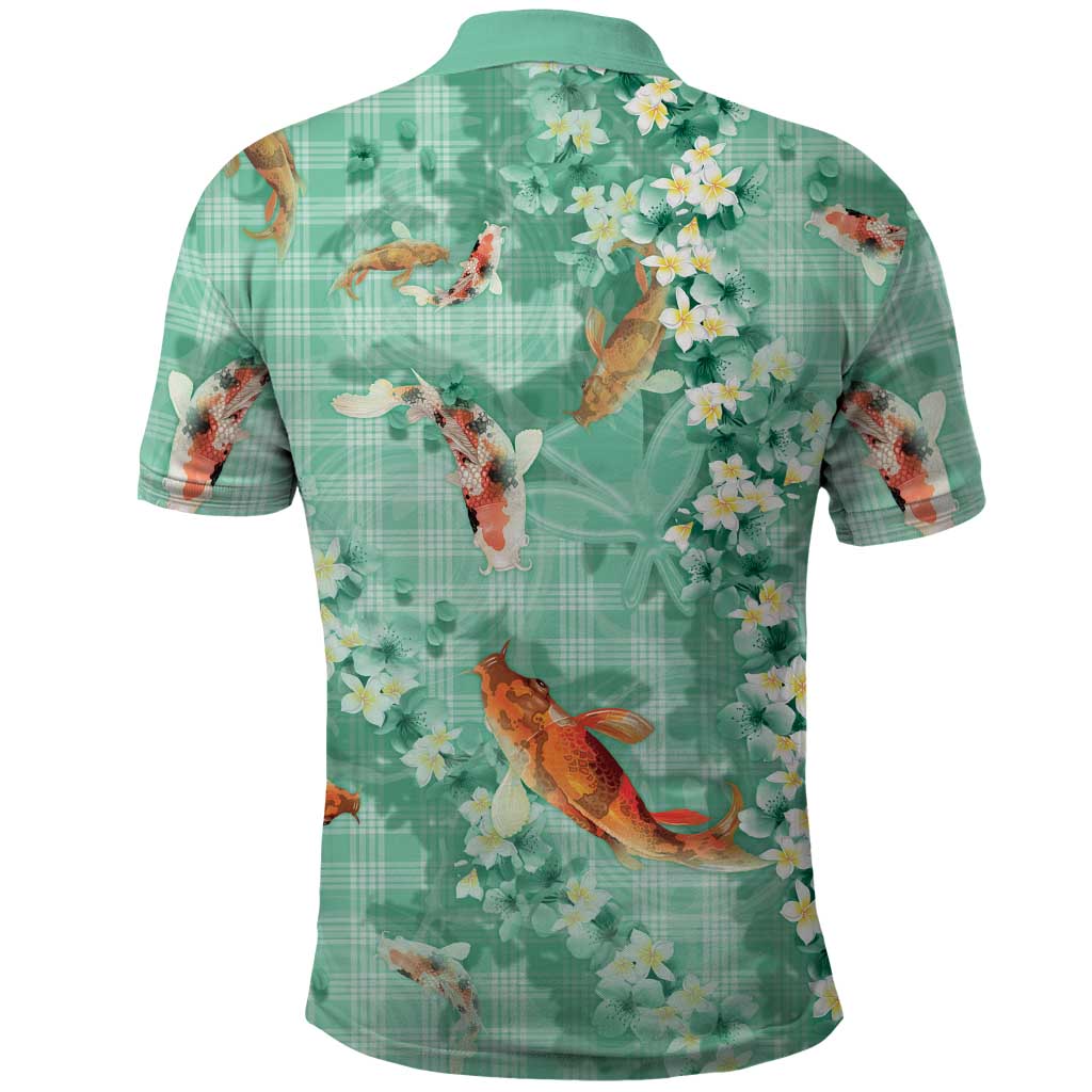Green Palaka Hawaiian And Japanese Polo Shirt Sakura Lei With Koi Fish - Polynesian Pride