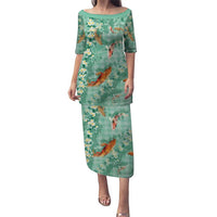 Green Palaka Hawaiian And Japanese Puletasi Sakura Lei With Koi Fish - Polynesian Pride