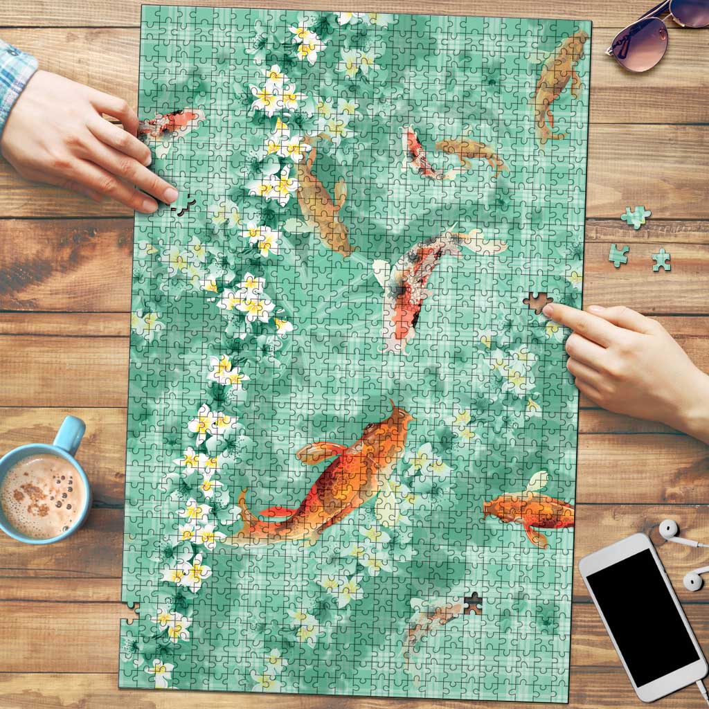 Green Palaka Hawaiian And Japanese Puzzle Sakura Lei With Koi Fish - Polynesian Pride