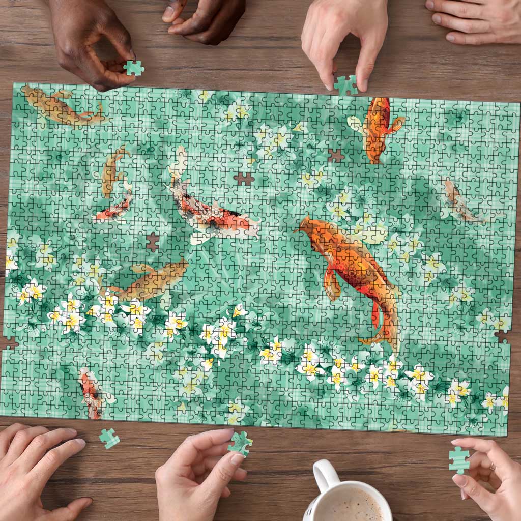 Green Palaka Hawaiian And Japanese Puzzle Sakura Lei With Koi Fish - Polynesian Pride